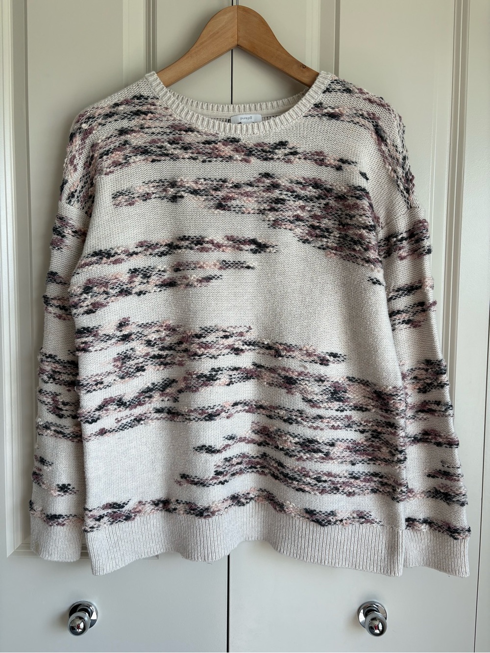 J Jill PureJill Ivory White Abstract Knit Crewneck Sweater Mauve Black Pink Med